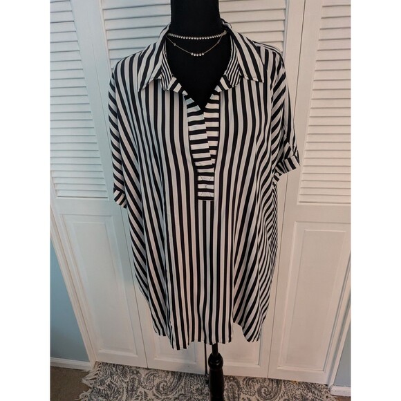 Jane Delancey Top Womens 3X Black White Stripe ButtonUp Back Blouse Casual Vneck - Picture 1 of 12